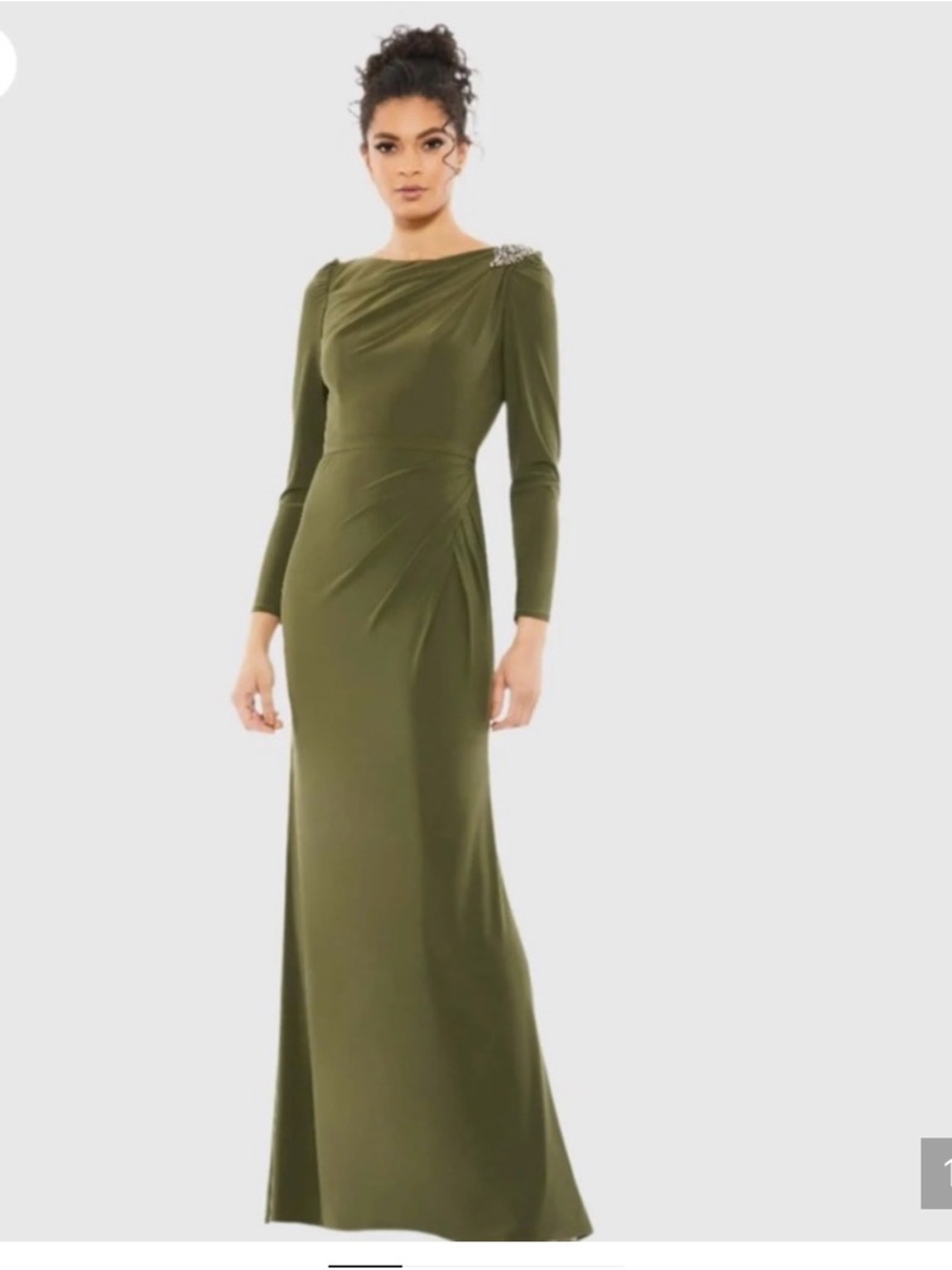 Mac Duggal Olive Green Long Sleeve Draped Evening Gown with Brooch
